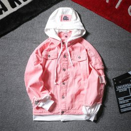 New Spring Fake Two Pieces Stitching Ripped Hooded Denim Jacket