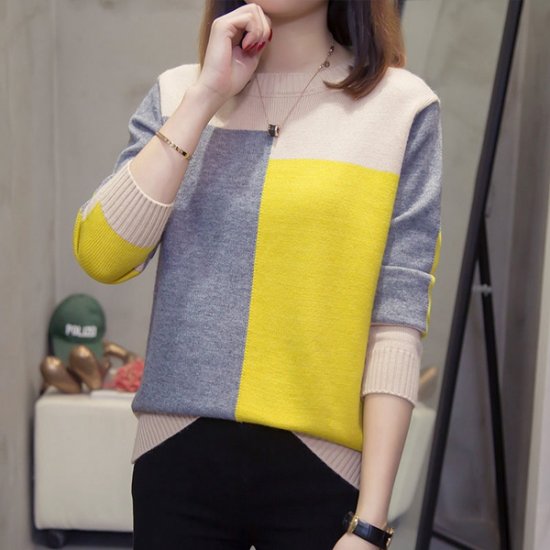 Women\'s Sweater Splice Color Block Pullover Bottoming Shirt