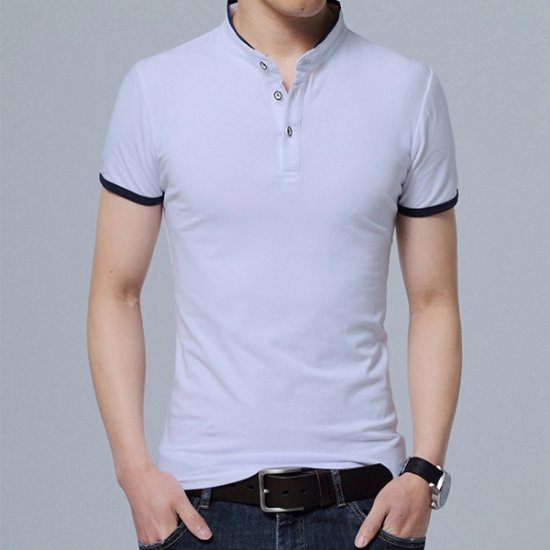 Camiseta casual de cuello de algodón de manga corta con corte entallado sólido para hombre