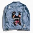 Men Hip Hop Streetwear Dog Printing Distressed Denim Jacket