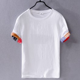 Mens Casual Linen Short-Sleeved T-Shirt White Round Neck