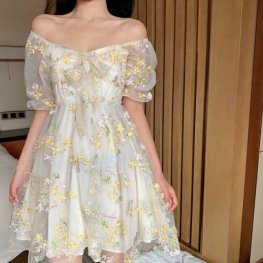 French Floral Dress Sexy Puff Sleeve Chiffon Print Women