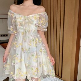 Vestido floral francés con estampado de gasa y manga abullonada sexy para mujer