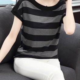 Cotton Black Striped Women Summer T-Shirts Casual O-Neck
