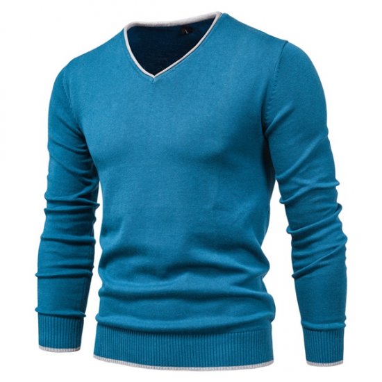 New Cotton Pullover V-neck Men\'s Sweater Fashion Solid Color